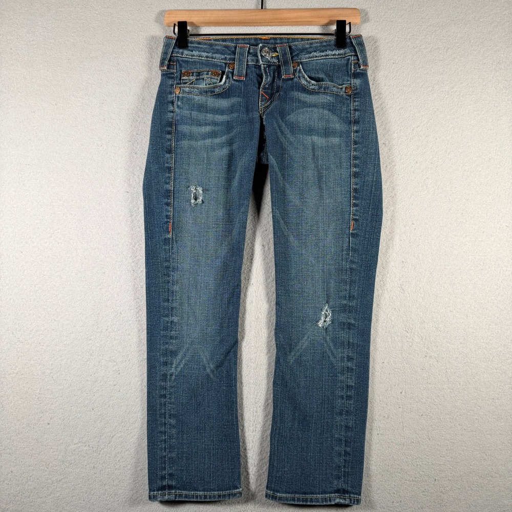 True Religion Lizzy Low Rise Straight Leg Jeans Blue Distressed Size 25 15443